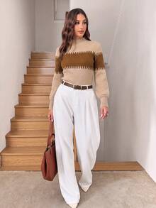 SHEIN LUNE 女款拼色立領長袖休閒百搭針織衫 - 卡其色 - 查看 2