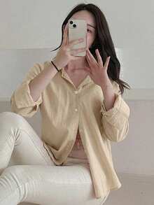 DAZY 女款素色休閒百搭日常穿著襯衫 - 卡其色 - 查看 6