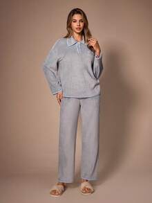 Lazeform Women's Plush Lapel Cardigan & Long Pants Loungewear Set - Grey - View 6