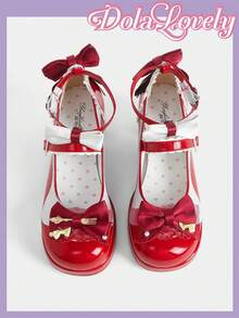 Dola Lovely 女款厚底高跟鞋 圓頭瑪麗珍鞋 蝴蝶結 Lolita 風格 扣帶甜美日系 JK 制服鞋 - -紅色- - 查看 2