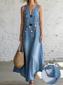 Weeklong Black Large Floral Printed Sleeveless V-Neck Button-Accented Maxi Dress - Plus-Size Women's Dress For Vacation, Casual Wear & Office In Spring & Summer - Multicolor - View 3