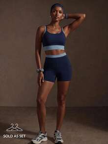 Zivah Women's Colorblock Patchwork Halter Top And Shorts Sports Activewear Set - Navy Blue - View 3