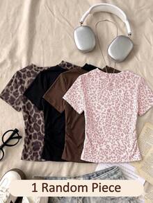 1 Random Pc Girls' Leopard Print Short Sleeve T-Shirt, 8-12 Years Old Active Round Neck Top, School, Summer Back-To-School Grey Leopard Print Black - Multicolor - View 2