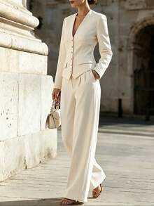 SHEIN Autumn/Winter Elegant Business Commute Women's Suit Set, Elegant Blazer And Trousers 2 Pieces Set - White - View 6