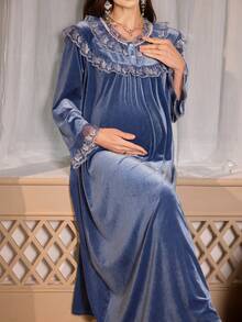 PalaceNights Court Style Embroidered Lace Trim Velvet Maternity Long Nightgown, Autumn/Winter - Blue - View 5