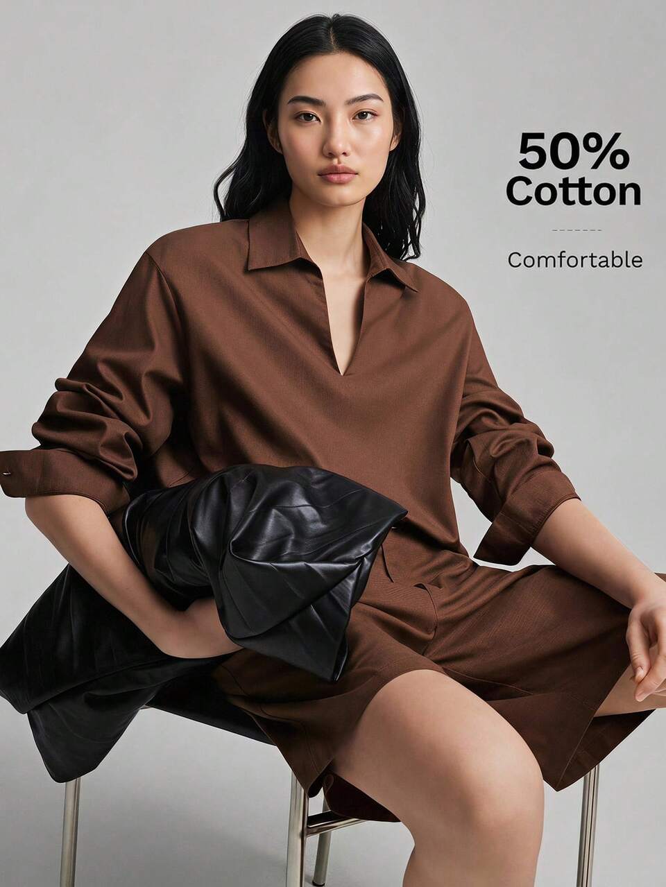 Women's Coffee Brown Fitted V-Neck Long Sleeve Casual Elegant Minimalist Polo Shirt Ruched Modern Bohemian Teachers' Day Autumn Office