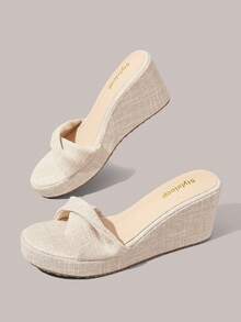 Styleloop Ladies Shoes, Linen Texture, Beige, Open-Toed, Wedge Sandals, Retro Style, Suitable For Summer French Casual Vacation Wear - Beige - View 3