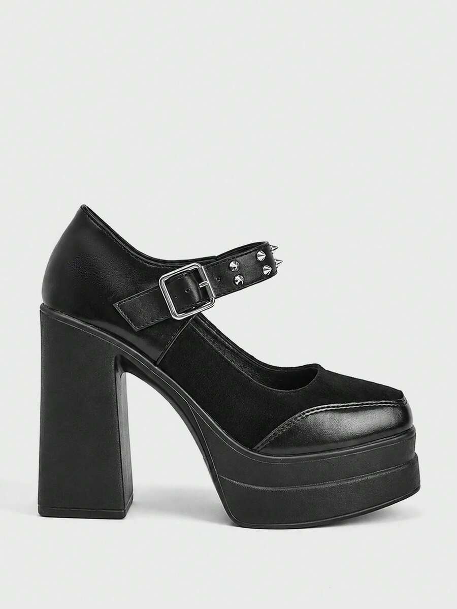 Sugerpunk Fashion Women's Platform High-Heeled Shoes, Punk Style Gothic Buckle With Inlaid Rivets Decoration, Classic Sexy Suitable For Parties, Nightclub - Dark Night - View 1