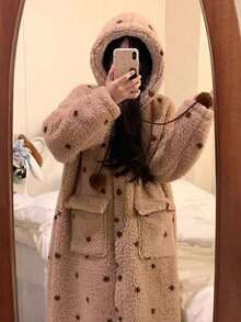 1Pc Women's Cozy Coral Fleece Hooded Robe - Warm And Soft Lounge Dress With Pockets, Machine Washable - Perfect For Fall And Winter - Multicolor - View 2