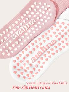 Aralina Pilates Princess Aesthetic: Retro Striped Ribbed Knit Socks With Cute Heart Non-Slip Grips, Leisurewear Active 2pk Contrast Lettice Ruffle Edge With Printed Non Slip Logo On Sole Yoga Pilates Gym Workout Two Pieces - Pink + white - View 3