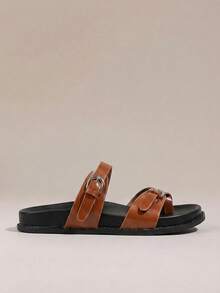 HighSole Ladies Spring And Summer Brown Casual Simple Two-Word Buckle Home Outdoor Walk Comfortable Flat Bottom Sandals - Brown - View 2
