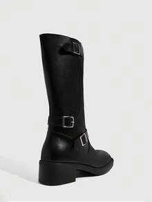 Daringsoles British Punk Belt Buckle Side Zip Mid Boots Fall Shoes - Black 1 - View 3