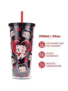 Betty Boop x SHEIN 24 Oz / 700 Ml 雷射冷感平底杯 櫻桃圖案 適合購物、辦公室冷飲、夏季飲品禮物 - 黑紅色 - 查看 3