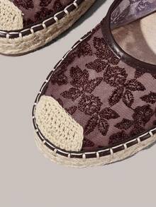 Styleloop 女款瑪麗珍漁夫鞋，網布蕾絲刺繡綁帶，田園溫柔風，日常通勤百搭時尚平底鞋 - 酒紅色 - 查看 8