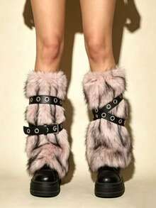 ROMWE Goth 1 Pair Of Fluffy Fashionable Thickened Leg Covers Plus 2 Leather Leg Rings, Belt, Spice Girl Combination Set, Warm Women's Leg Covers. - Pink - View 3