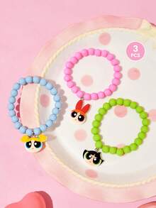 THE POWERPUFF GIRLS X SHEIN SHEIN XHello Kitty And Friends 聯名款適合女孩裝扮可愛串珠彈力手鍊 3 入組 - 彩色 - 查看 2