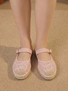 Styleloop 女款瑪麗珍漁夫鞋，網布蕾絲刺繡綁帶，田園溫柔風，日常通勤百搭時尚平底鞋 - 粉色 - 查看 10