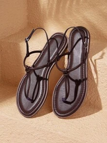 HighSole Sandalias planas para mujer con tira en el dedo, cómodas para primavera/verano, uso exterior/interior, moda minimalista, adecuadas para vacaciones, desplazamientos diarios, zapatos de verano de estilo retro elegante - Café - Ver 5