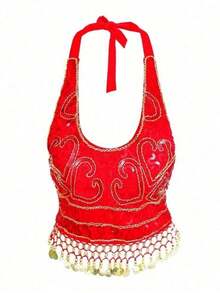 Sequin Embroidered Cropped Top Belly Dance Costume, Metal Disk Tassel Fringe Festival Outfit, Party Rave Stage Performance Wear For Women, Multicolor Options - Multicolor - View 14