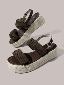Styleloop Brown Tassel Thick-Soled Muffin Sandals Women's, Hemp-Braided Wedge Heel Buckle With Open-Toed Sandals - Brown - View 8