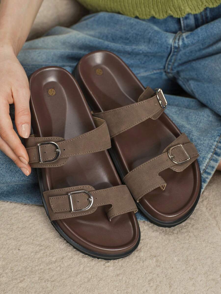 Solecia Women's Shoes Double Buckle Retro Metal Buckle Casual Retro Style Cool Slippers Daily Casual Wear - Coffee Brown - View 1