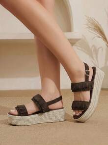 Styleloop Brown Tassel Thick-Soled Muffin Sandals Women's, Hemp-Braided Wedge Heel Buckle With Open-Toed Sandals - Brown - View 7