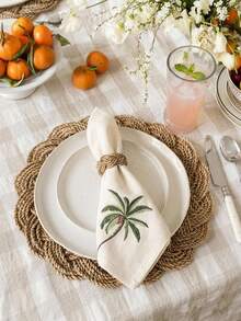 Cirelle 1/2/4 Pcs Embroidered Palm Tree Cloth Napkins, Off-White Dinner Napkins With Green Tropical Palm Embroidery, Washable Reusable Table Napkins For Dining Room Decor - Multicolor - View 5