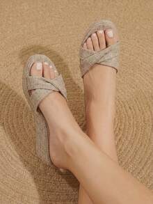 Styleloop Ladies Shoes, Linen Texture, Khaki, Open-Toe, Wedge Sandals, Retro Style, Suitable For Summer French Casual Vacation Wear - Khaki - View 2