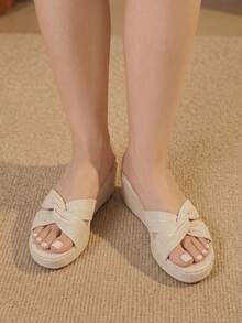 Styleloop Ladies Shoes, Linen Texture, Beige, Open-Toed, Wedge Sandals, Retro Style, Suitable For Summer French Casual Vacation Wear - Beige - View 11