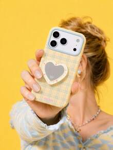 ShellaStory Heart-Shaped Mirror Stand Compatible With Apple 17PM Phone Case Compatible With Iphone 16, Suitable For 15, High-Appearance 14, Soft 17, Fresh Checkered Fashion, Personalized, Girl, Creativity, Simple Style, Fresh And Simple, Niche, Ins Style - Yellow - View 2
