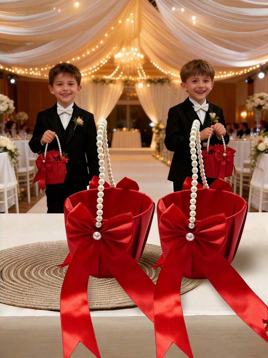 SHEIN 1PC Red Bow Faux Pearl Satin Flower Basket For Wedding Party Decoration New Year Gift Home Decor Bridal Bouquet Centerpiece - Red - View 1