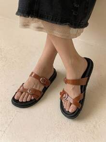 HighSole Ladies Spring And Summer Brown Casual Simple Two-Word Buckle Home Outdoor Walk Comfortable Flat Bottom Sandals - Brown - View 8