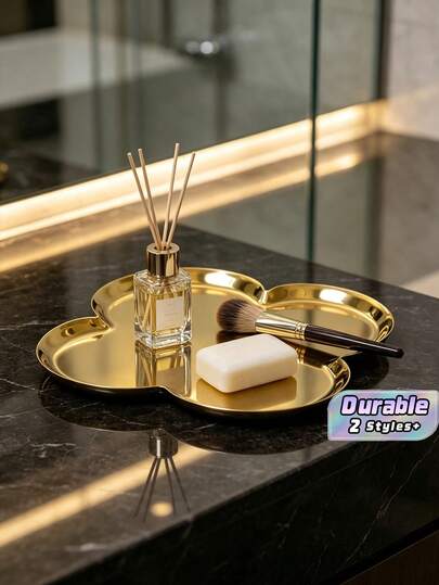 Light Luxury Four-Leaf Clover Gold Stainless Steel Storage Tray, Nordic Desktop Decor Tray For Vanity Jewelry & Perfume,Ins Nordic Four-Leaf Clover Metal Tray, Gold Stainless Steel Luxury Organizer Tray