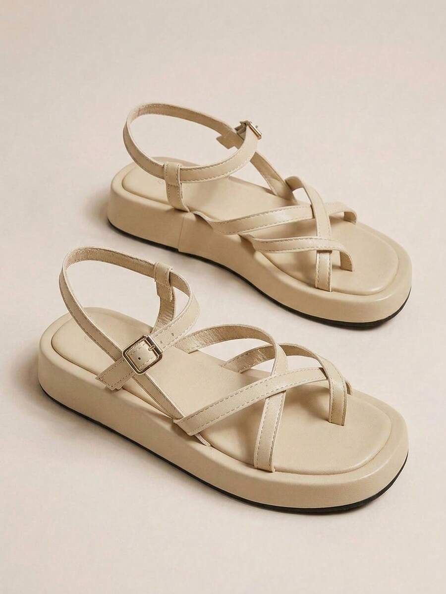 HighSole 女士鞋履春夏新款多带交叉后扣设计露跟厚底简约百搭凉鞋日常通勤购物装 - 杏色 - 查看 1