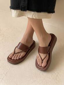 HighSole Women's Minimalist Strap Design Square Toe Platform Slip-On Sandals, Brown, Soft & Comfortable, Non-Slip, Suitable For Casual, Commuting, Shopping, Beach, Vacation, Versatile Summer Outfit Summer Shoes - Brown - View 9