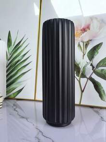 1 White Cylindrical Plastic Vase With Ceramic-Like Texture, Featuring Simple Texture Design And Serving As A Decorative Vase In Modern Nordic Style. It Boasts Geometric Textures, Minimalist Modern Design, A Non-Slip Base And An Elegant Shape - Multicolor - View 10
