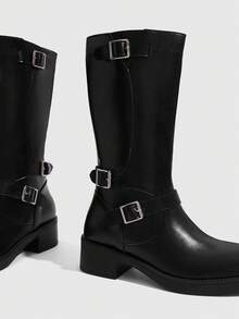 Daringsoles British Punk Belt Buckle Side Zip Mid Boots Fall Shoes - Black 1 - View 5