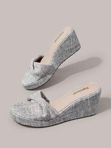 Styleloop Ladies Shoes, Linen Texture, Gray, Open-Toed, Wedge Sandals, Retro Style, Suitable For Summer French Casual Vacation Wear - Grey - View 3