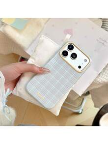 ShellaStory Heart-Shaped Mirror Stand Compatible With Apple 17PM Phone Case Compatible With Iphone 16, Suitable For 15, Highly Attractive 14, Soft 17, Fresh Checkered Fashion, Personalized, Girl, Creativity, Simple Style, Fresh And Simple, Niche, Ins Style - Blue - View 6
