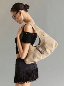 Viva Strut Women's Fashion Simple Personalized Street Sweet Cool Girls Y2K Suede Retro Hardware Buckle Rivet Decorative Shoulder Bag, Daily School Shopping - Khaki - View 7