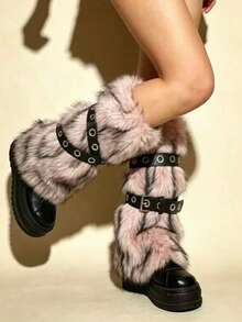 ROMWE Goth 1 Pair Of Fluffy Fashionable Thickened Leg Covers Plus 2 Leather Leg Rings, Belt, Spice Girl Combination Set, Warm Women's Leg Covers. - Pink - View 2