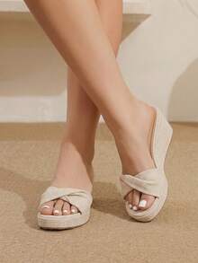Styleloop Ladies Shoes, Linen Texture, Beige, Open-Toed, Wedge Sandals, Retro Style, Suitable For Summer French Casual Vacation Wear - Beige - View 2