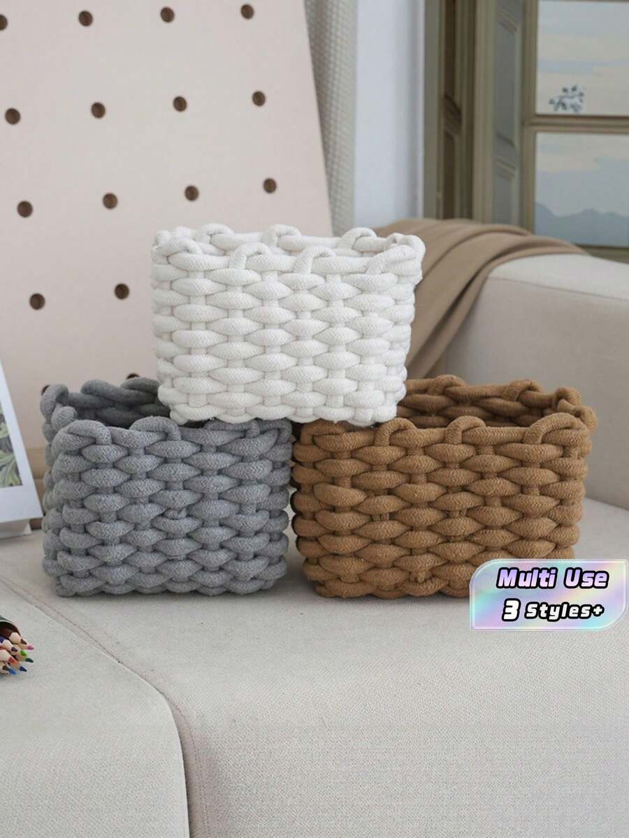 1pc Handmade Cotton Rope Storage Basket - Fabric Organizer Box For Desk, Cosmetics, Jewelry, Home Decor, Multi-Use Bin For Bedroom, Bathroom - View 1