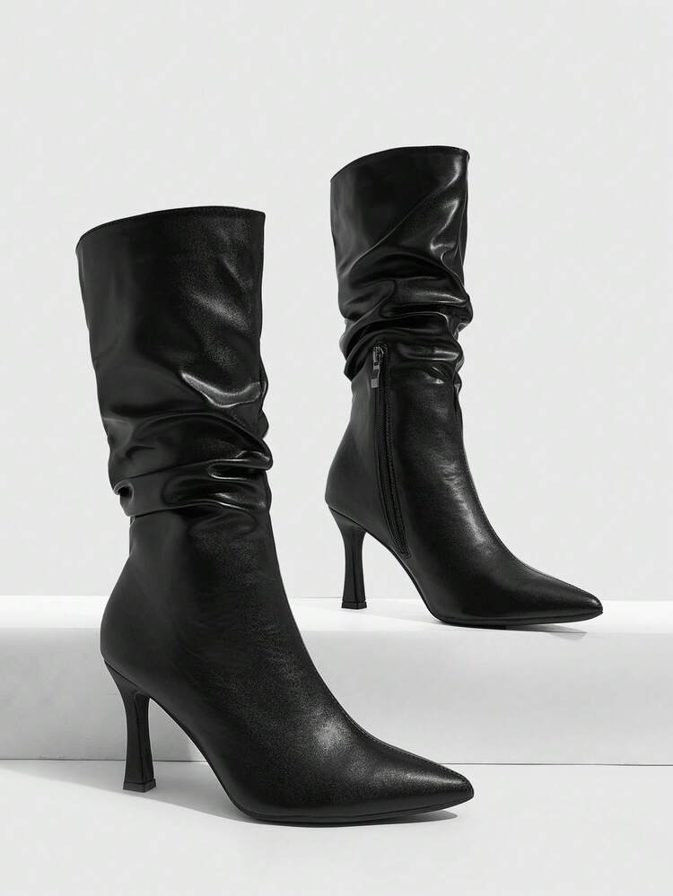CUCCOO SZL Women Shoes Fashion Pointed Heel Black Medium Boots Pleated Boots Fashion Sexy Banquet Party Women's Boots Women's Medium Boots Short Boots Women's Bo - Black (PU) - View 1