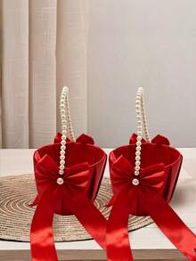 SHEIN 1PC Red Bow Faux Pearl Satin Flower Basket For Wedding Party Decoration New Year Gift Home Decor Bridal Bouquet Centerpiece - Red - View 2