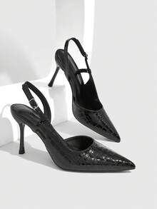 CUCCOO SZL Women's Spring And Summer White Stone Pattern Pointed High Heels Women's Rear Strap Stiletto Shoes Fall Shoes - Black - View 2