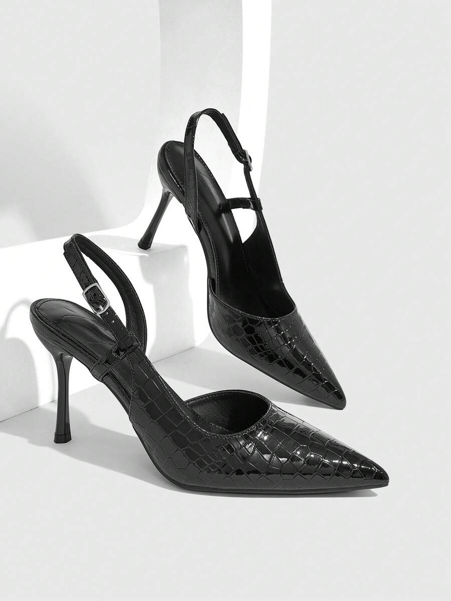 CUCCOO SZL Sepatu hak tinggi runcing motif batu putih untuk wanita, cocok untuk musim semi dan musim panas. Sepatu stiletto wanita dengan tali belakang. - Hitam - View 1