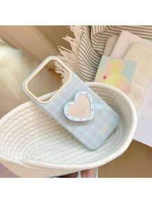 ShellaStory Heart-Shaped Mirror Stand Compatible With Apple 17PM Phone Case Compatible With Iphone 16, Suitable For 15, Highly Attractive 14, Soft 17, Fresh Checkered Fashion, Personalized, Girl, Creativity, Simple Style, Fresh And Simple, Niche, Ins Style - Blue - View 5