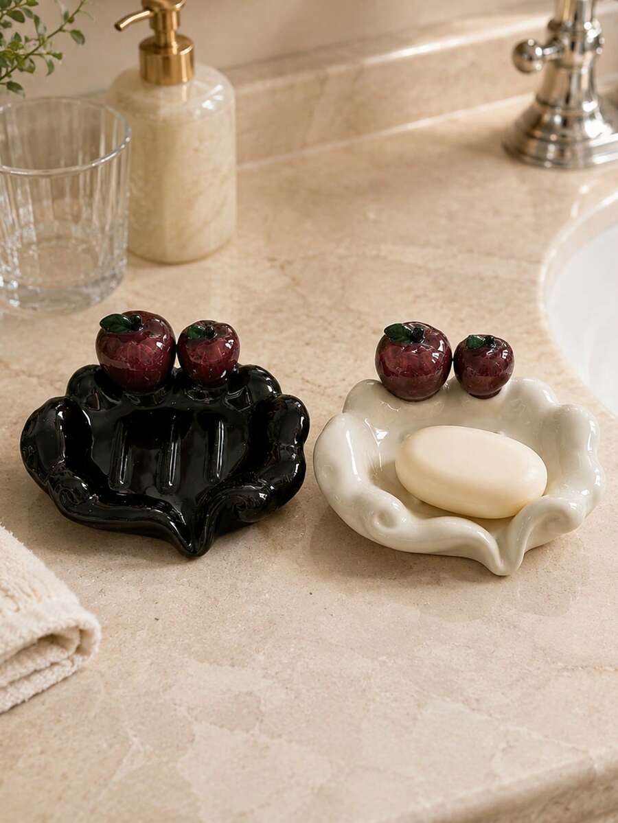 Cirelle 1 khay đựng xà phòng trang trí bằng gốm bóng, khay thoát nước gợn sóng dạng tượng trang trí để bàn, phụ kiện tối giản cho phòng tắm căn hộ, tạo điểm nhấn sang trọng ngọt ngào cho không gian phòng tắm tông trung tính