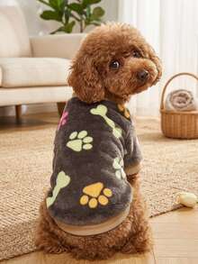 PETSIN 1 Pc Pet Dog/Cat Bone & Paw Print Warm Crew Neck Sweatshirt, Brown Fleece - Multicolor - View 5